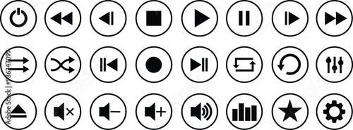 Media player flat icons set. Collection of multimedia symbols isolated on transparent background. Audio, volume, interface, design media player buttons. Play, pause, stop, record, forward, rewind.