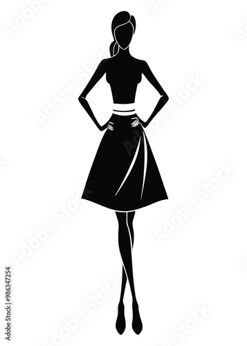 Trendy Woman Silhouette in Stylish Skirt and Top – Fashionable Vector Art