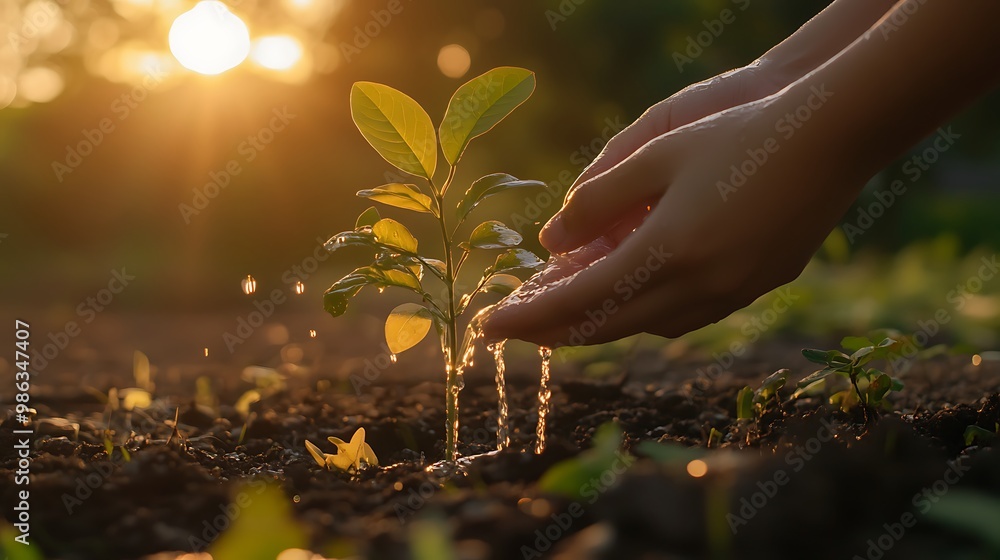 Fototapeta premium A person watering a young plant in soil during sunset, symbolizing growth and care for the environment.