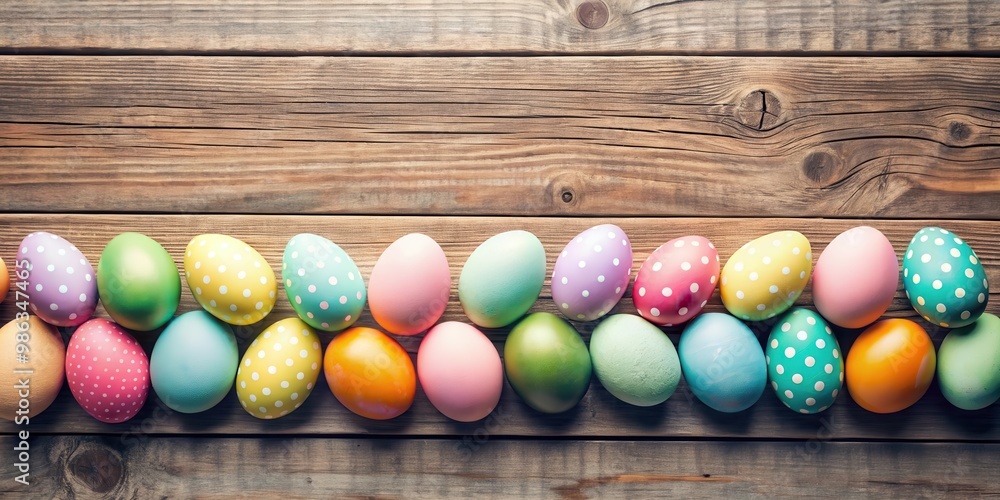 Pastel colored Easter eggs arranged on a rustic wooden table Pastel colored Easter eggs arranged on a rustic wooden table