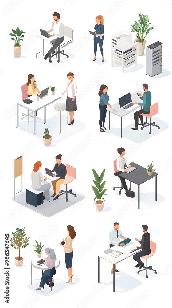 Obraz premium Isometric vector illustration of people in an office, working together at tables and desks, against a white background.