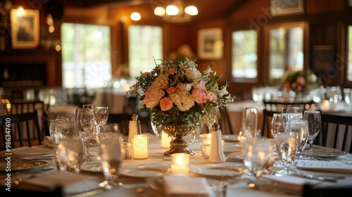 Wedding venue with tables decorated with flowers, candles, and fine china, set for a romantic celebration. Elegant and inviting atmosphere.