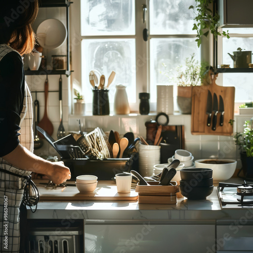 A person is decluttering busy kitchen, organizing utensils and dishware in sunlit space filled with greenery. atmosphere is calm and productive, reflecting sense of order photo