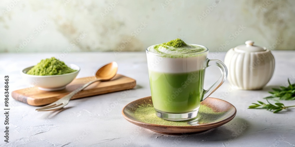 Composition of delicious dalgona matcha latte on a light background Composition of delicious dalgona matcha latte on a light background