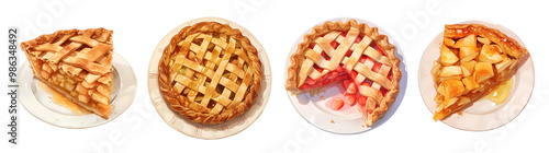 Set of fruit pie assortment on plates. Illustration isolated on transparent background. Dessert and bakery concept. Clipart for cookbook, menu, and culinary advertising.