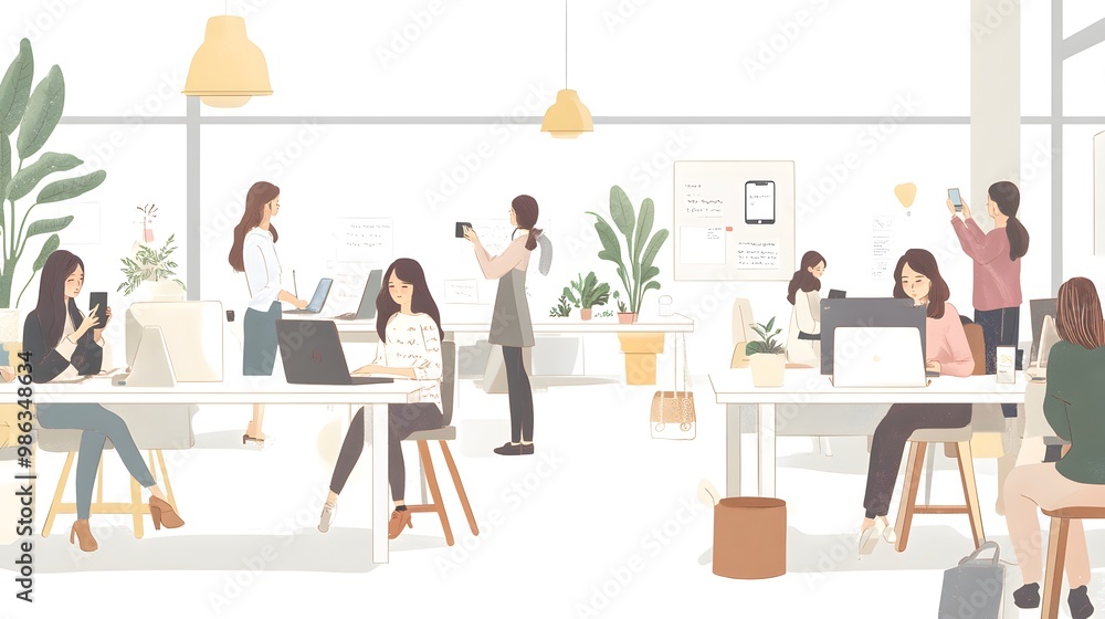 Isometric vector illustration of people in an office, working together at tables and desks, against a white background. Isometric vector illustration of people in an office, working together at tables and desks, against a white background.