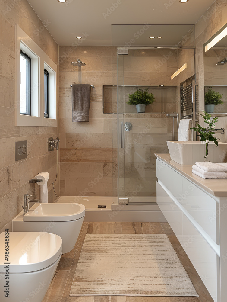 Modern bathroom interior with elegant design featuring glass shower, bidet, and stylish fixtures. warm tones and natural elements create serene atmosphere Modern bathroom interior with elegant design featuring glass shower, bidet, and stylish fixtures. warm tones and natural elements create serene atmosphere
