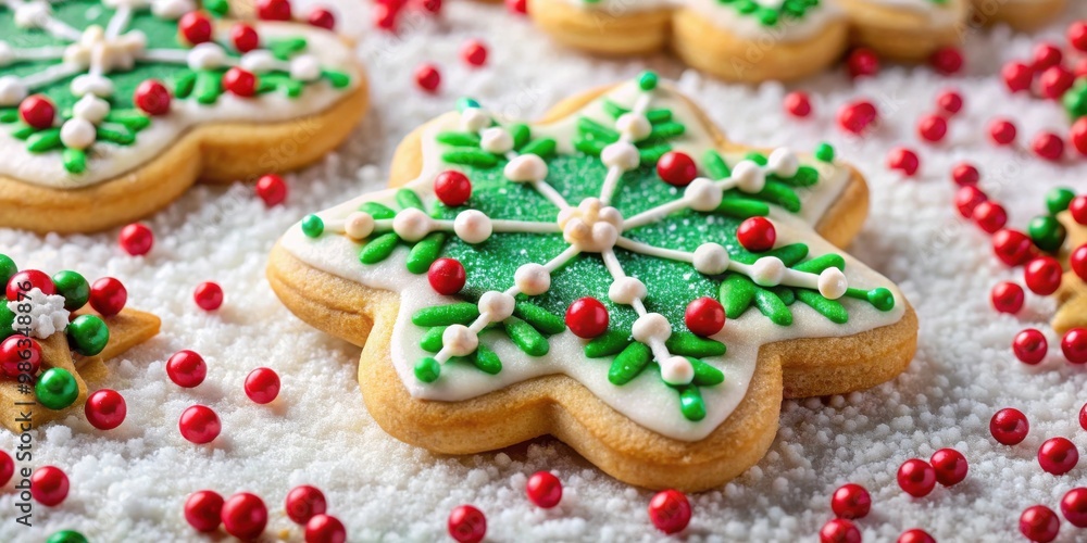Christmas cookie with red and green sprinkles, snowflake icing decoration, and colorful sugar pearls Christmas cookie with red and green sprinkles, snowflake icing decoration, and colorful sugar pearls