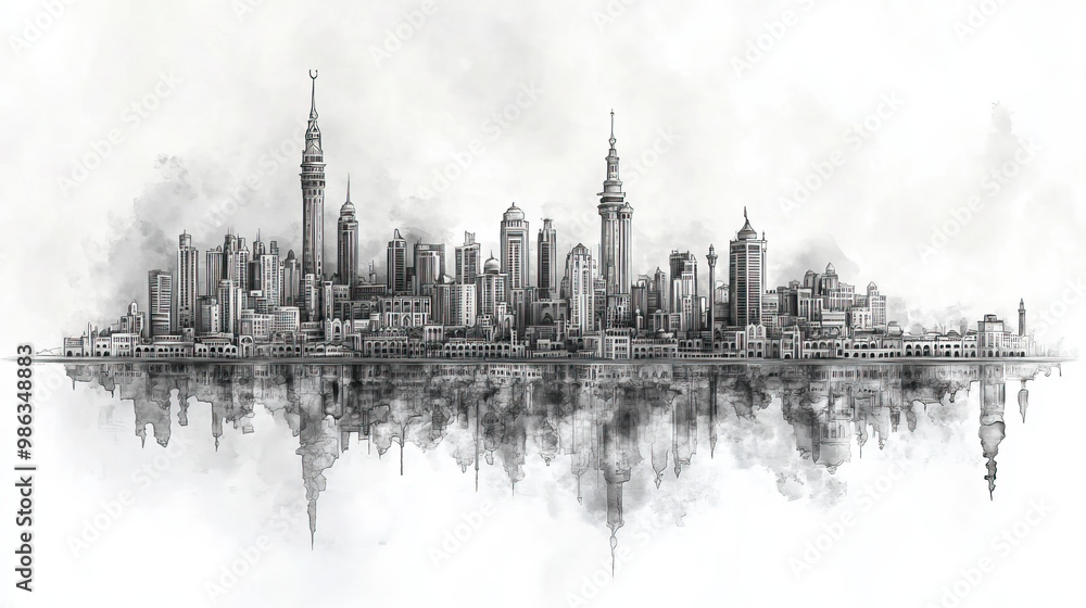 Obraz premium Mecca, Saudi Arabia, black and white pen pencil hand-drawn effect drawing illustration for travel poster, card, wallpaper, backdrop or banner. Modern, clear, artistic and simple