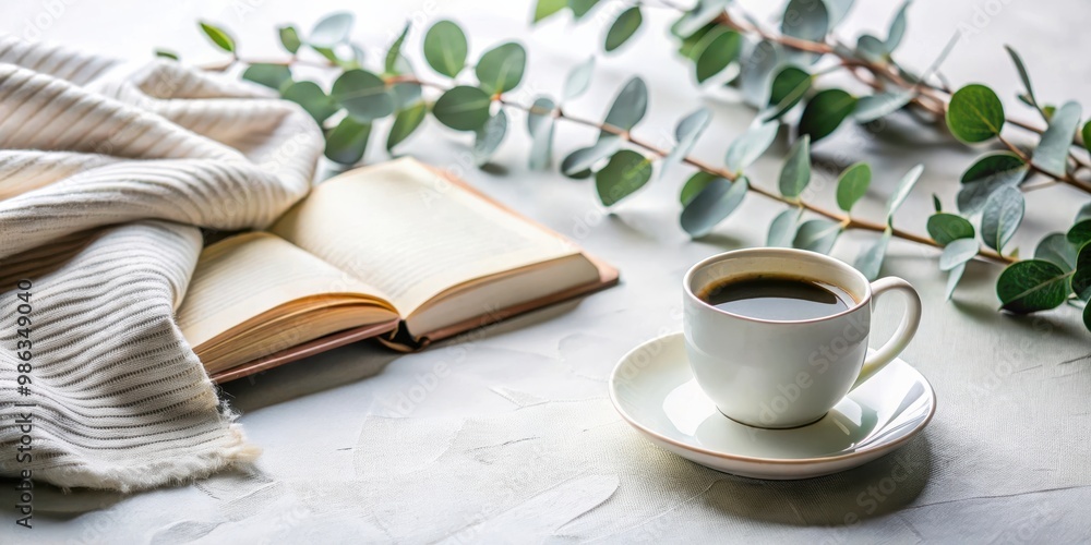 A cozy concept featuring a cup of tasty coffee, a book, and eucalyptus branches on a light background A cozy concept featuring a cup of tasty coffee, a book, and eucalyptus branches on a light background