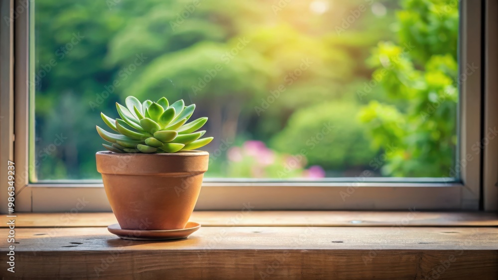 A small succulent plant pot displayed in a window setting A small succulent plant pot displayed in a window setting