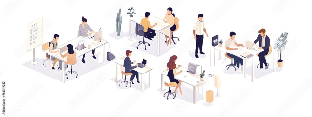 Isometric vector illustration of people in an office, working together at tables and desks, against a white background. Isometric vector illustration of people in an office, working together at tables and desks, against a white background.