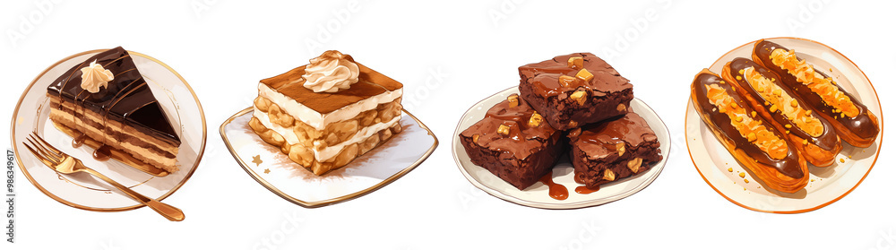 Set of various chocolate desserts. Illustration isolated on transparent background. Dessert and bakery concept. Clipart for cookbook, menu, and culinary advertising. Set of various chocolate desserts. Illustration isolated on transparent background. Dessert and bakery concept. Clipart for cookbook, menu, and culinary advertising.