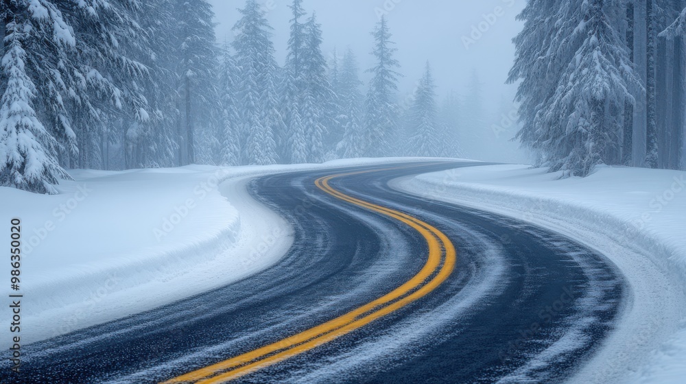 Obraz premium Winding Snowy Road Through Foggy Forest