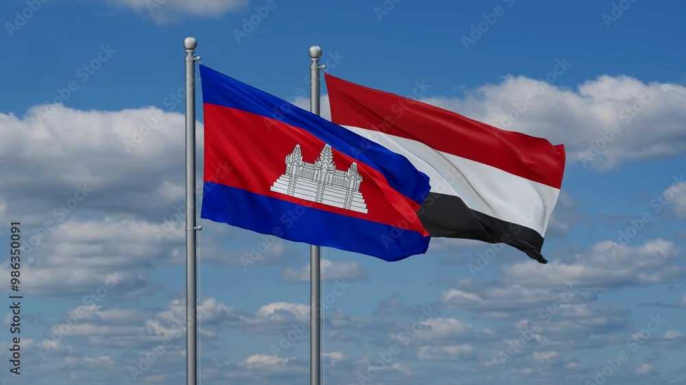 Yemen and Cambodia flags flying together, video concept of the relationship, two country cooperation concept Yemen and Cambodia flags flying together, video concept of the relationship, two country cooperation concept