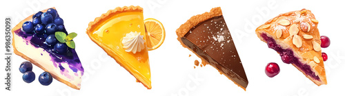 Set of various Pie and tart slices. Illustration isolated on transparent background. Dessert and bakery concept. Clipart for cookbook, menu, and culinary advertising.