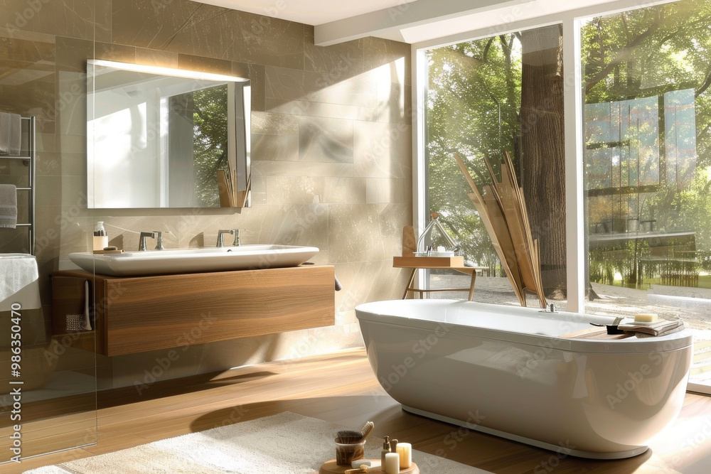 Modern bathroom design features rectangular mirror, wooden cabinetry, and freestanding bathtub, creating serene and stylish atmosphere with natural light streaming in Modern bathroom design features rectangular mirror, wooden cabinetry, and freestanding bathtub, creating serene and stylish atmosphere with natural light streaming in
