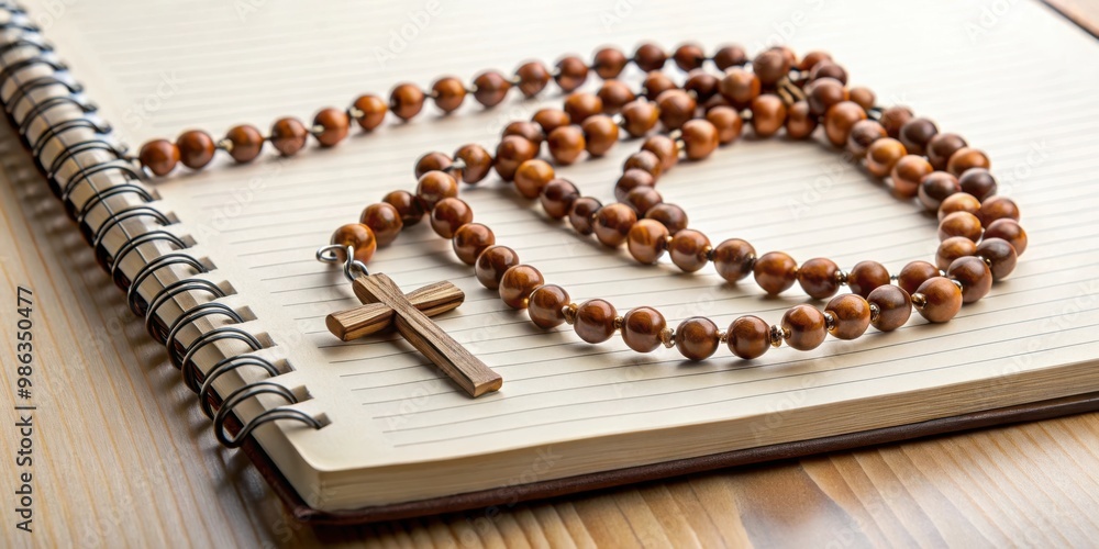Rosary beads intertwined with a blank notebook, symbolizing faith and reflection Rosary beads intertwined with a blank notebook, symbolizing faith and reflection