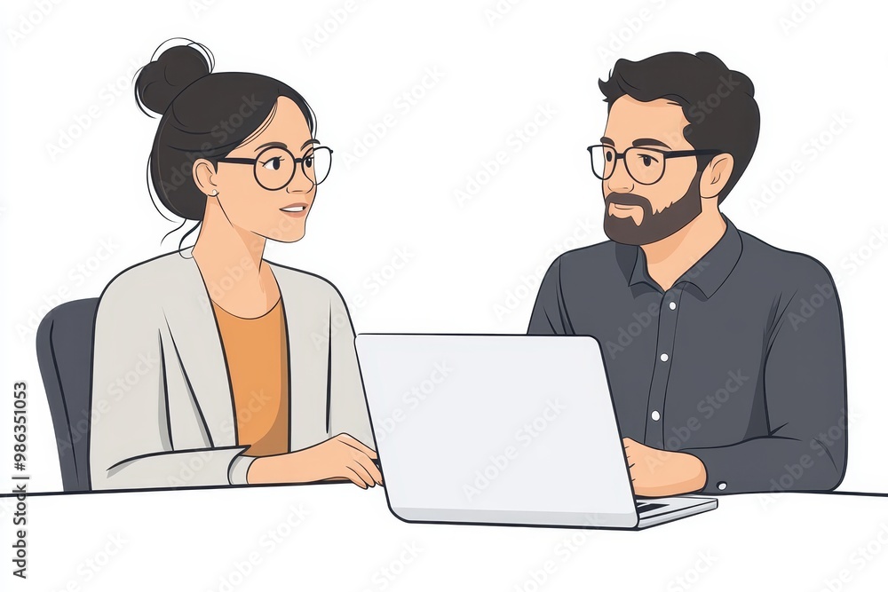 Illustration of a modern workspace scene featuring two professionals collaborating over a laptop, engaged in productive conversation. Illustration of a modern workspace scene featuring two professionals collaborating over a laptop, engaged in productive conversation.