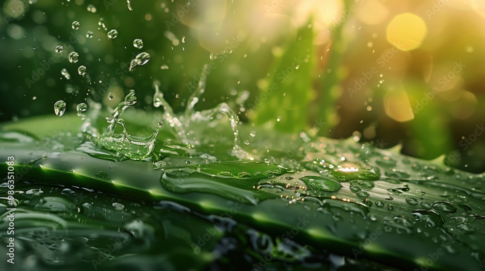 Close-up of aloe vera leaf with water droplets. Clear water and nature. Wellness, spa concept Close-up of aloe vera leaf with water droplets. Clear water and nature. Wellness, spa concept