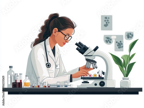 Illustration of a focused scientist examining samples under a microscope in a modern laboratory, showcasing innovation and research.