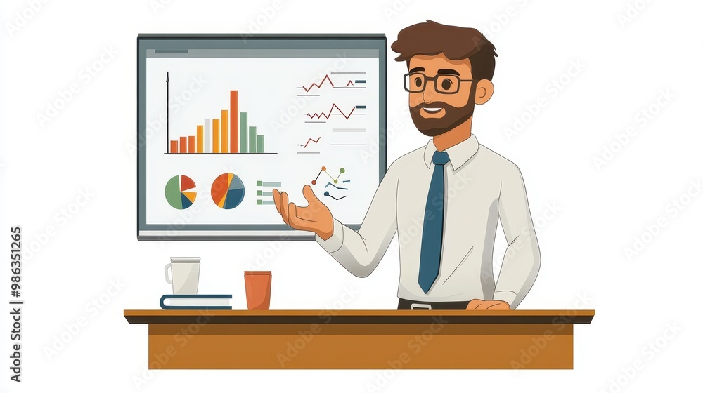 Illustration of a Professional man presenting data with charts, focused on analytics in modern office environment. Illustration of a Professional man presenting data with charts, focused on analytics in modern office environment.