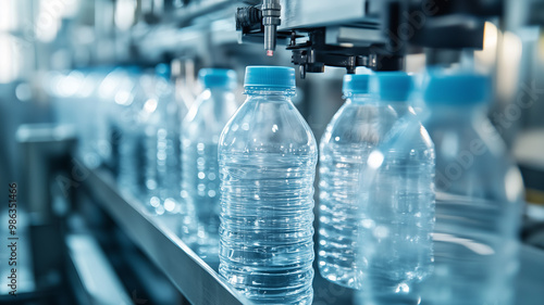 A focused shot of the bottling process with plastic bottles being labeled and capped on a clean, modern production line. The factory environment is bright and orderly. Ai generated