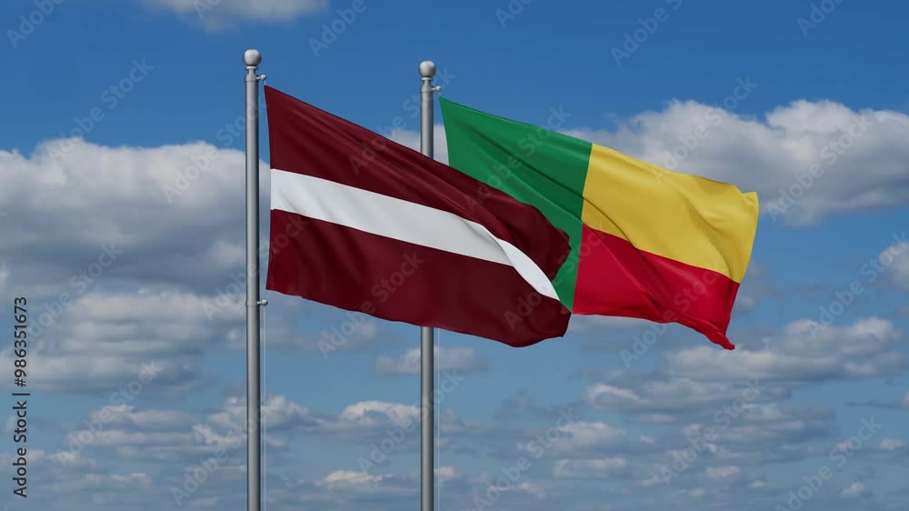 Latvia and Benin flags flying together, video concept of the relationship Latvia and Benin flags flying together, video concept of the relationship