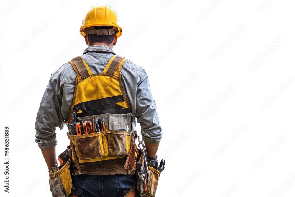 Construction Worker with Tool Belt and Yellow Hard Hat Construction Worker with Tool Belt and Yellow Hard Hat
