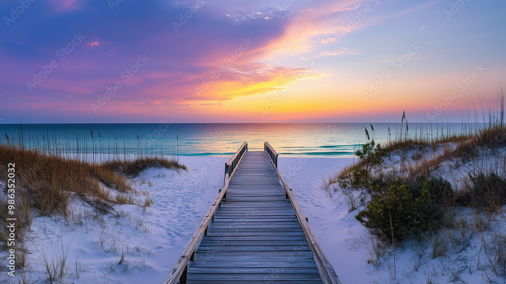 Naklejka premium A picturesque view of a boardwalk stretching out to a serene white sand beach and clear ocean water. The sunset sky is painted in vibrant hues. Ai generated