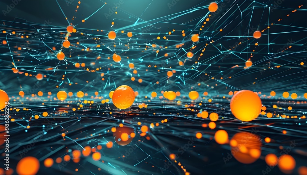Futuristic digital landscape featuring a glowing orange sphere ...