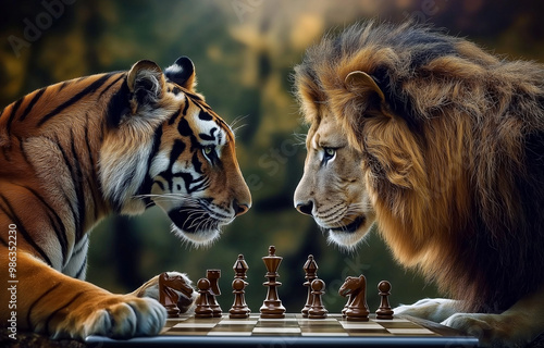 A lion and a tiger playing chess
