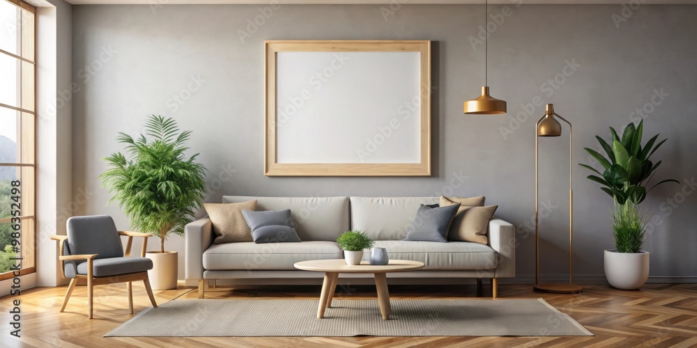 Fototapeta premium Empty picture frame hanging in modern living room interior