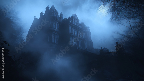 Haunted mansion surrounded by fog and eerie lighting