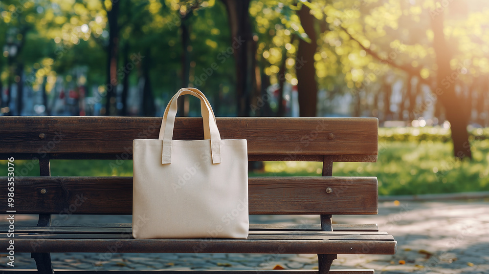 A sturdy cloth tote bag resting on a stone bench surrounded by vibrant flowers in a sun-drenched park, ready for branding mockup ideas. Ai generated A sturdy cloth tote bag resting on a stone bench surrounded by vibrant flowers in a sun-drenched park, ready for branding mockup ideas. Ai generated