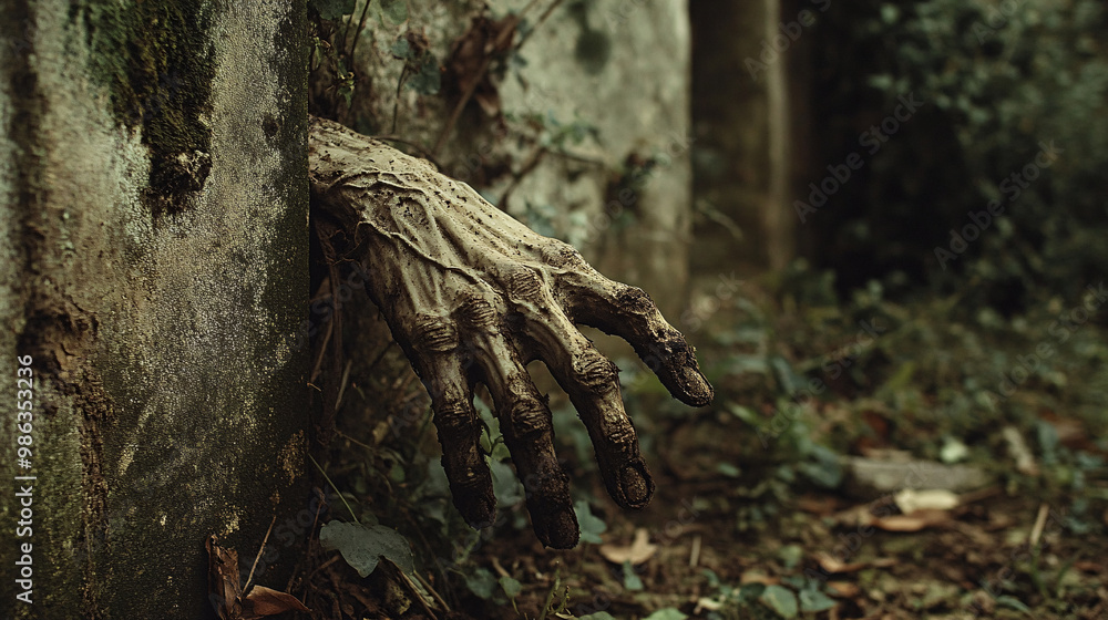 Creepy hands emerging from the ground of an old graveyard Creepy hands emerging from the ground of an old graveyard