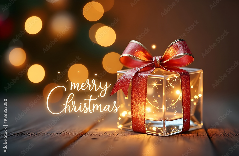 Transparent glass Christmas gift with glass bow, golden glowing text