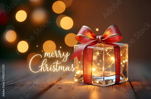 Obraz na płótnie Transparent glass Christmas gift with glass bow, golden glowing text