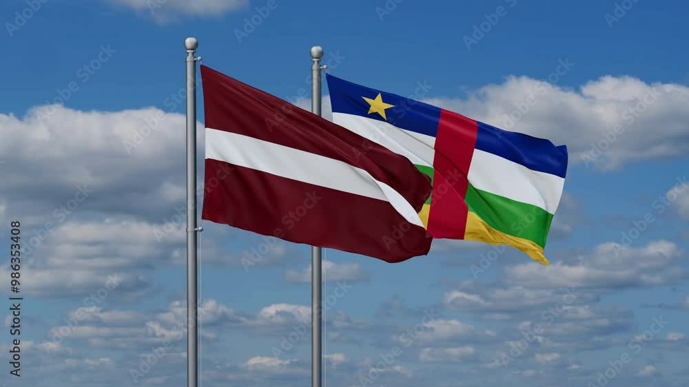 Central African Republic and Latvia flags flying together, video concept of the relationship, two country relations concept Central African Republic and Latvia flags flying together, video concept of the relationship, two country relations concept