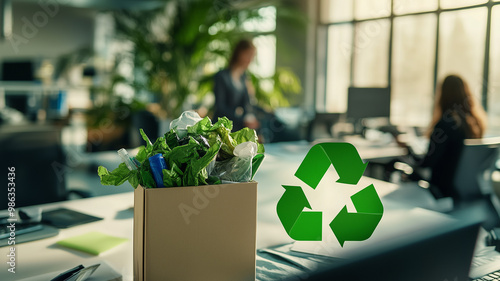 A vibrant green recycle symbol icon prominently displayed in an office setting, with employees sorting waste in the background, representing eco-friendly corporate culture. Ai generated