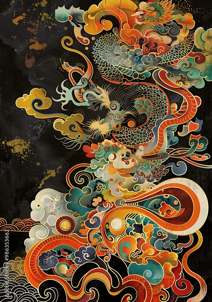 Obraz premium Chinese Dragon and Cloud Pattern Illustration