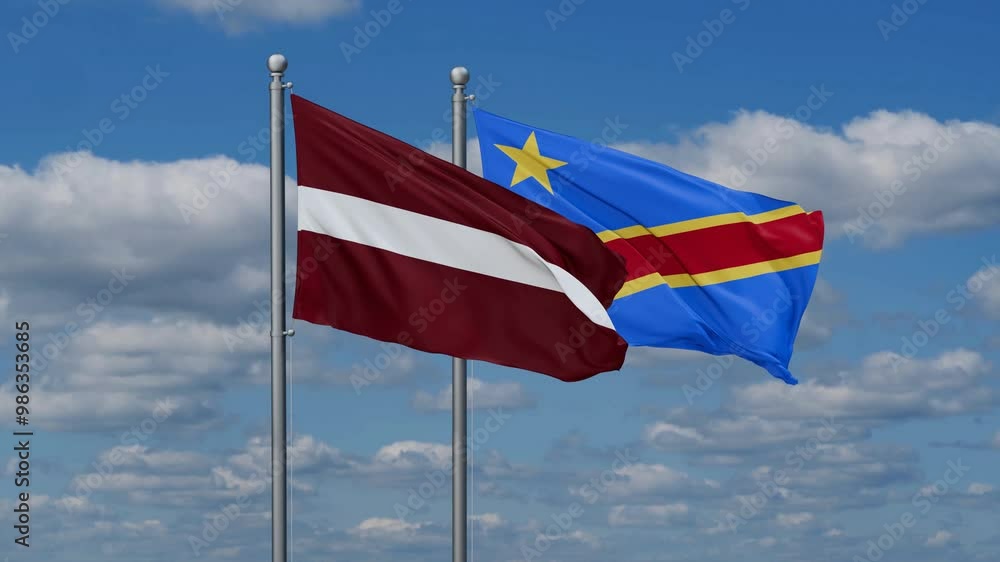 Democratic Republic of the Congo and Latvia flags flying together, video concept of the relationship, two country relations concept Democratic Republic of the Congo and Latvia flags flying together, video concept of the relationship, two country relations concept
