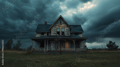 Abandoned house with broken windows and dark clouds overhead