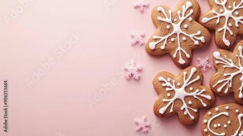 Delicious gingerbread cookies on isolated pastel background Copy space