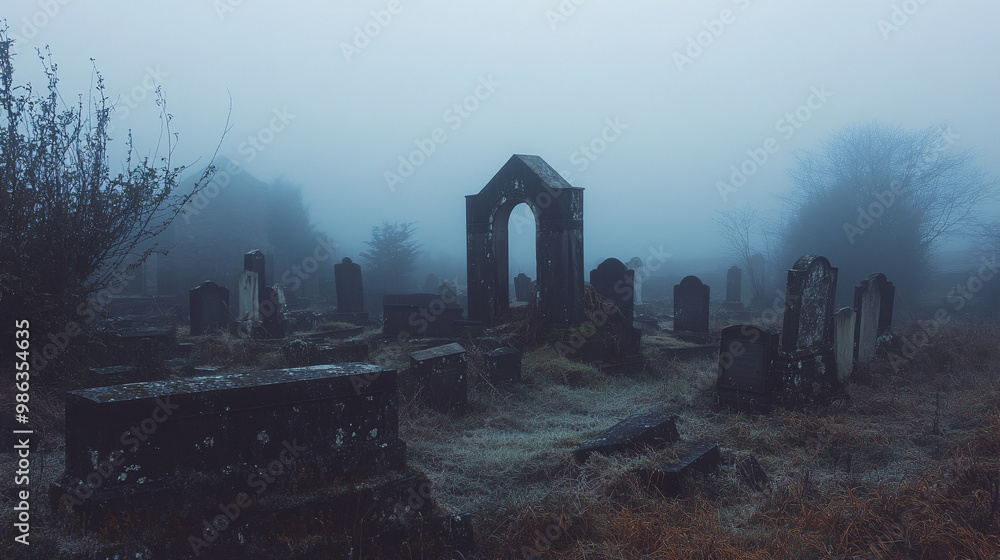 Eerie fog rolling through an old, dilapidated cemetery Eerie fog rolling through an old, dilapidated cemetery