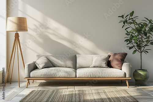 Home interior mock-up with gray sofa, wooden floor lamp and green vase in bright living room, 3d render, 3d illustration, high resolution , high quality , shot on professinal camera. photo