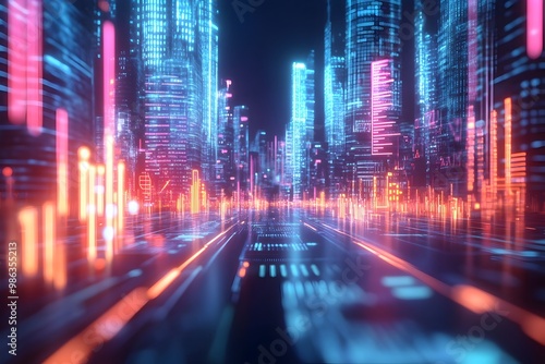 Holographic Data Streams Pulsing Through a Futuristic Digital City with Neon Metrics and Analytics