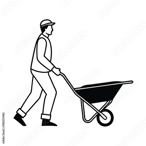 a man carrying a construction wheelbarrow, line art vector, on a white background