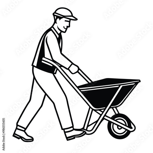 a man carrying a construction wheelbarrow, line art vector, on a white background