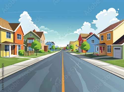 Suburban Street Houses Landscape Illustration